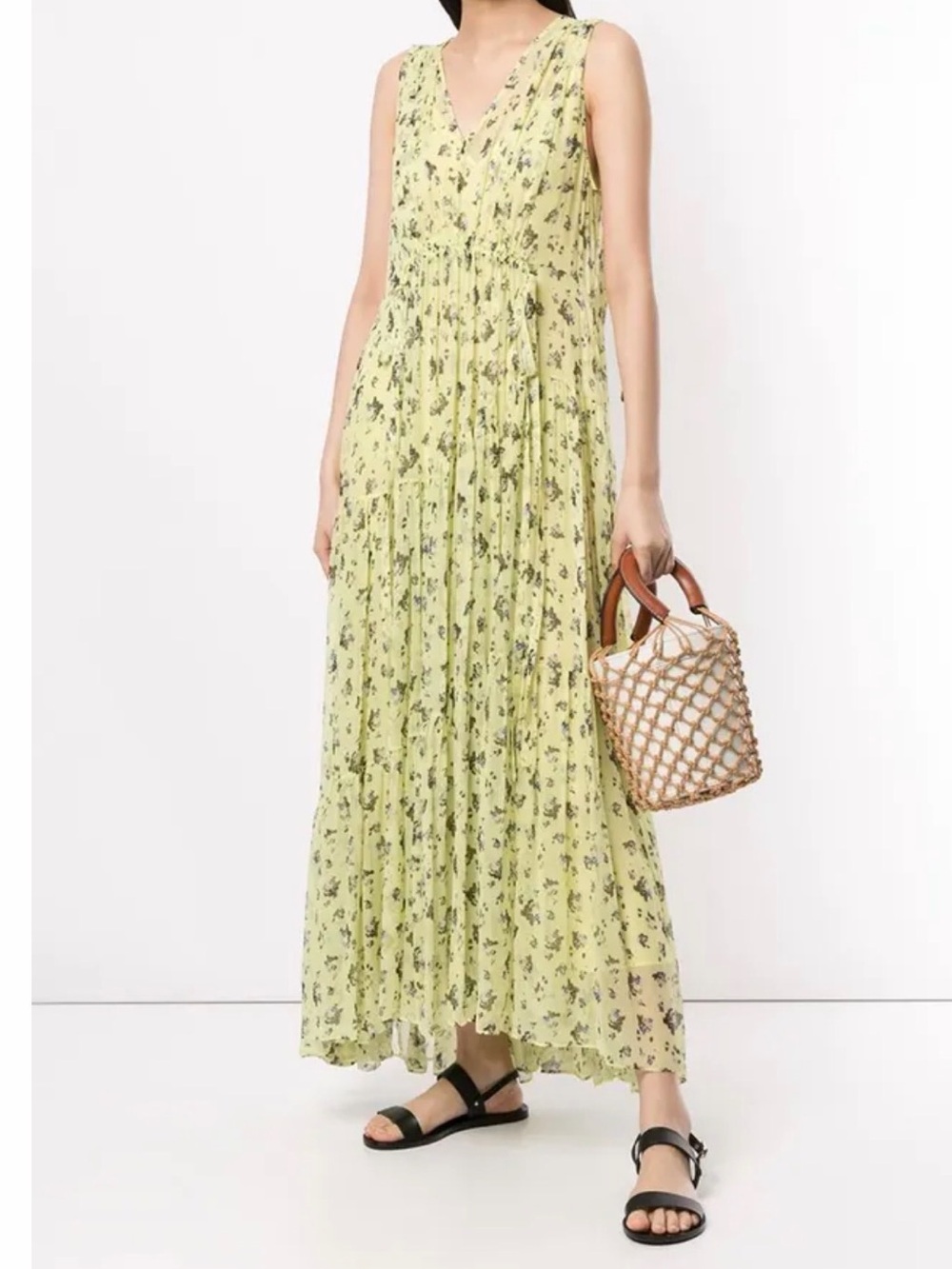 Lee Mathews Pale Yellow Floral V-Neck Maxi Dress